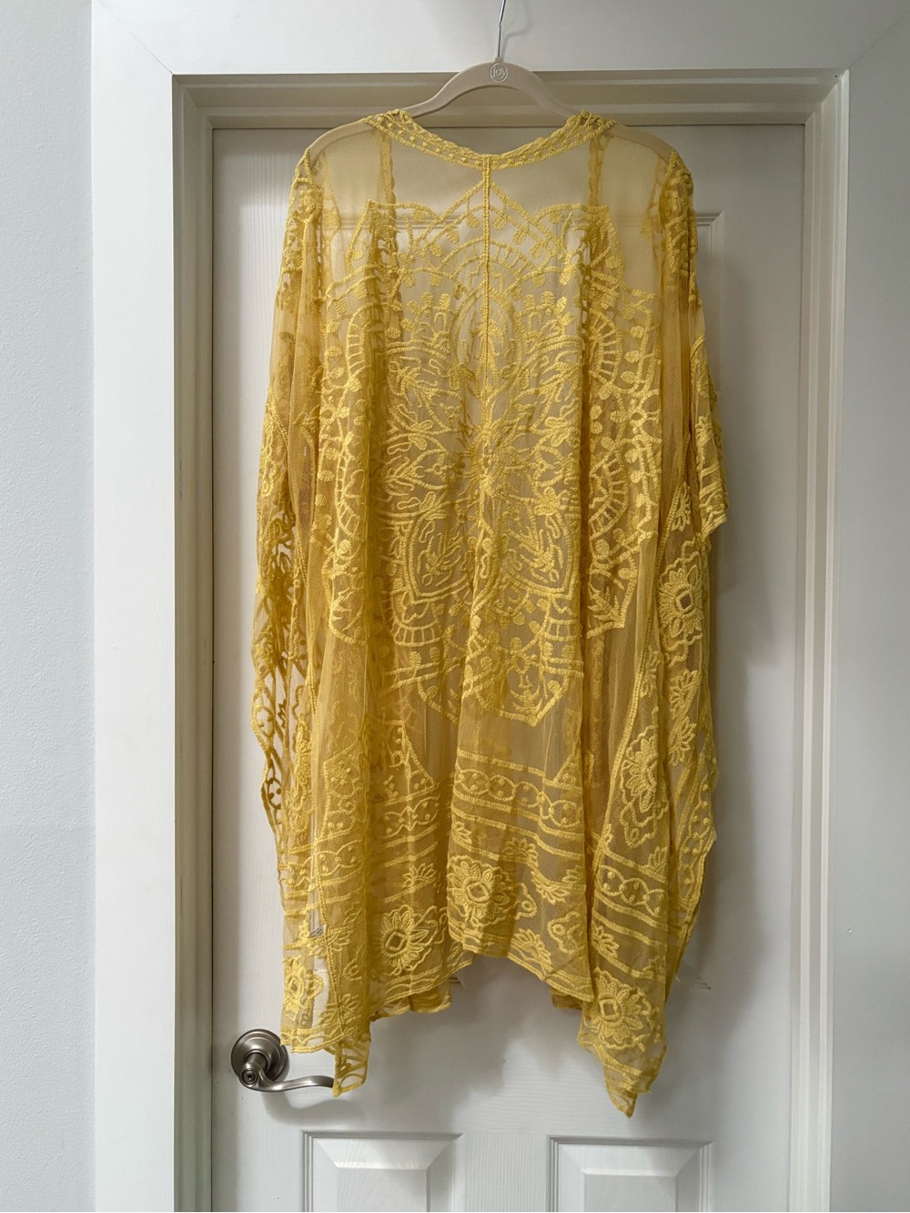 Mustard Yellow Sheer Embroidered Kimono Wrap - Picture 5 of 9